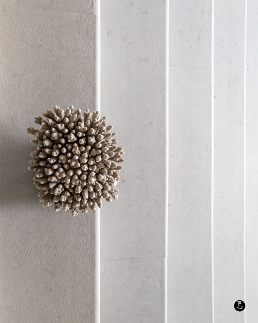 Oggetto rotondo con molte punte su una superficie con linee verticali.
