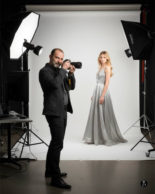 Fotografo che scatta una foto a una modella in abito lungo argentato in uno studio fotografico con luci e sfondo bianco.