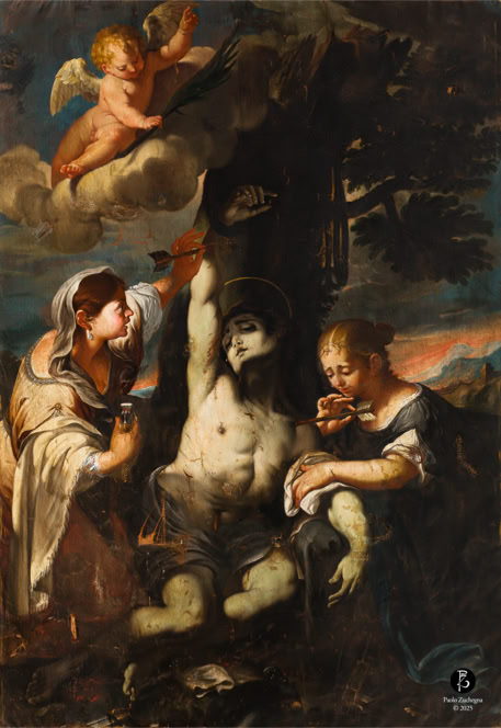 Dipinto raffigurante una figura centrale in posizione sofferente, con due persone ai lati e un angelo in alto tra le nuvole.