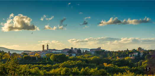 Vista panoramica di una città con torri in lontananza, circondata da alberi verdi sotto un cielo blu con nuvole sparse.