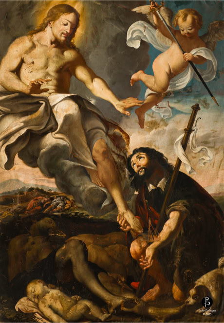 Dipinto raffigurante una figura maschile seduta su una nuvola, con un'aureola, che tende la mano verso un uomo barbuto inginocchiato. Un angelo con ali e una lancia è sopra di loro. Sullo sfondo, cielo nuvoloso e figure distese a terra.