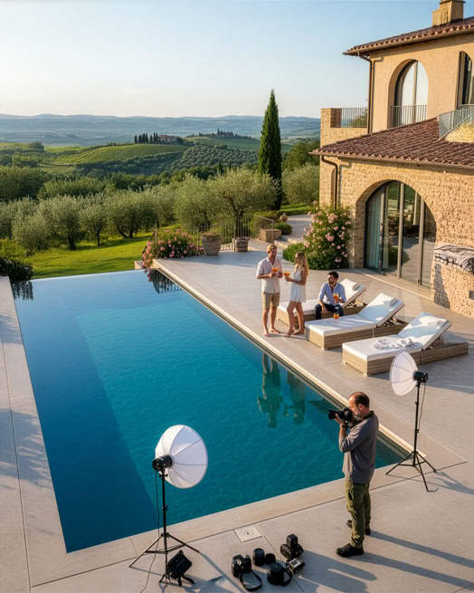 Fotografo scatta foto vicino a una piscina con attrezzatura fotografica; due persone sedute su lettini e una persona in piedi sullo sfondo; paesaggio collinare e vegetazione sullo sfondo.